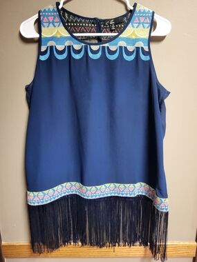 C. Luce Navy Fringe Tank with Multicolor Embroidery